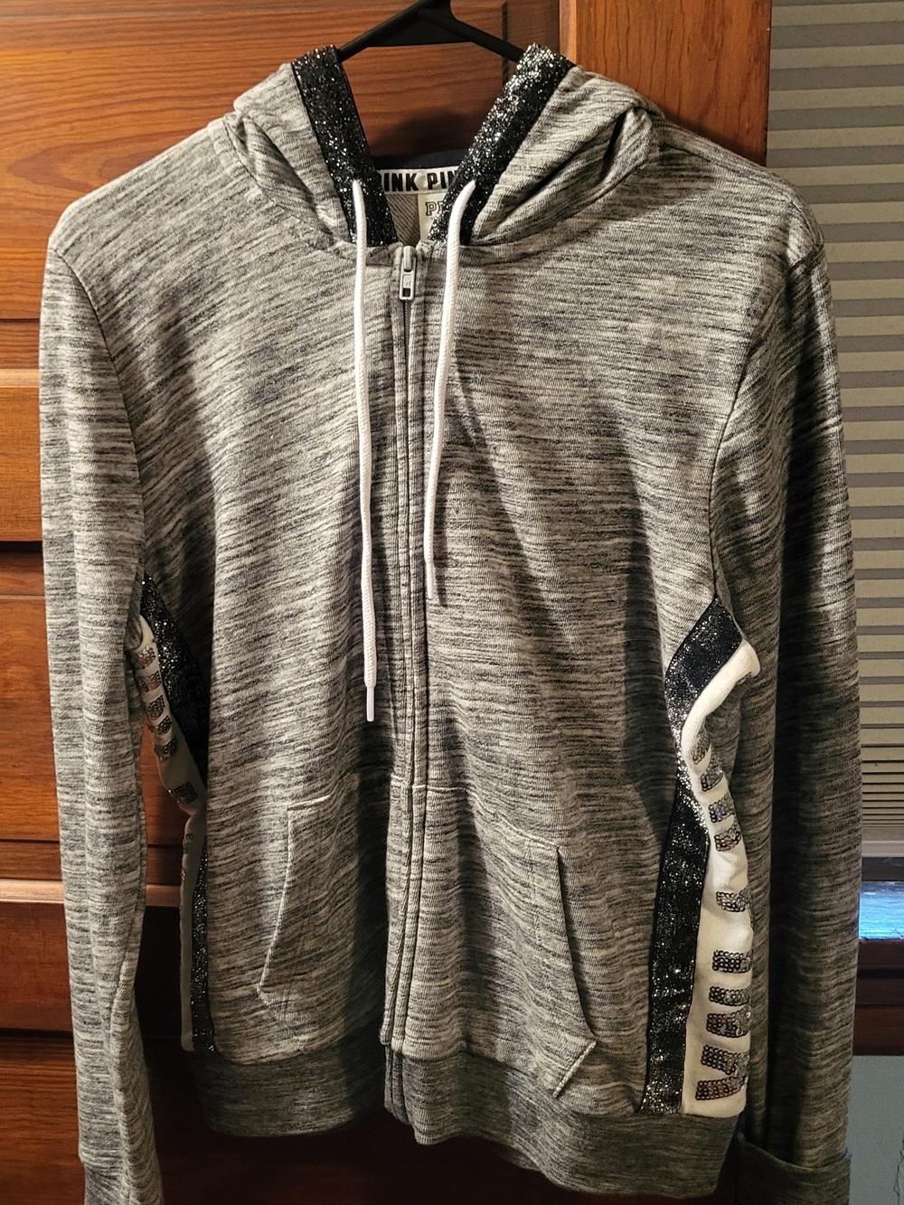 Victoria's Secret PINK Bling Gray Marled Hoodie with Black Glitter Trim